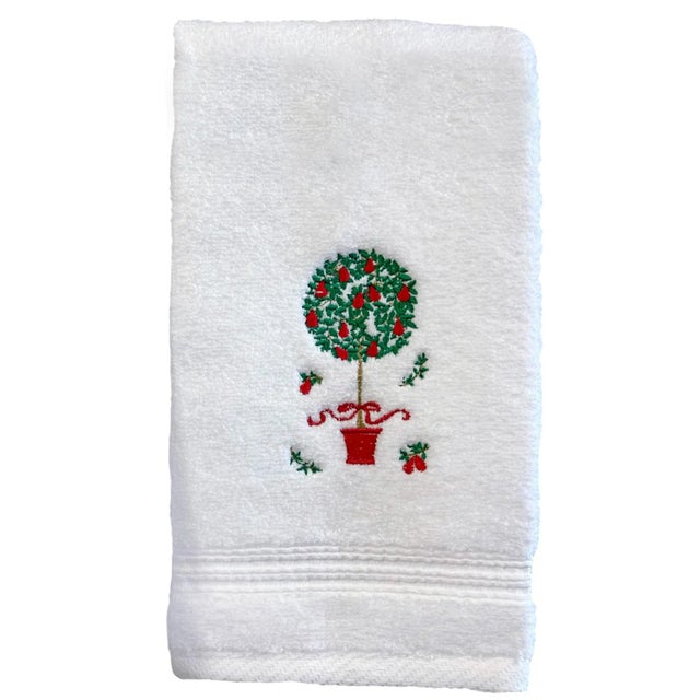 2020s Pear Topiary Tree (Red, Green) Terry Guest Towel, Embroidered For Sale - Image 5 of 5