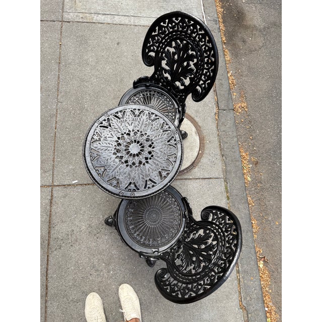 Black 1900s Antique Victorian Cast Iron Bistro Bistro Set – Round Garden Table With Two Matching Chairs For Sale - Image 8 of 8
