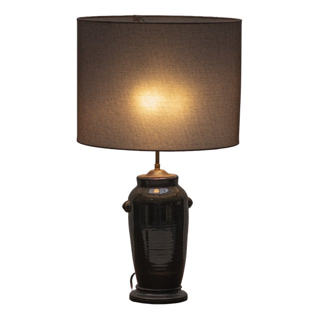 French Black Glazed Ceramic Table Lamp, 1970s For Sale