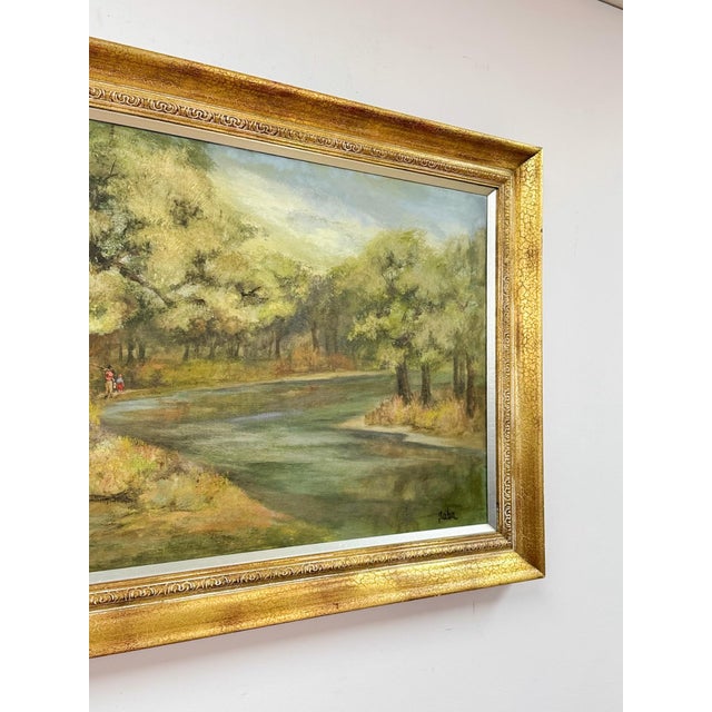 Vintage Oil Painting Landscape Father Son Fishing River Impressionist on Canvas For Sale - Image 11 of 15