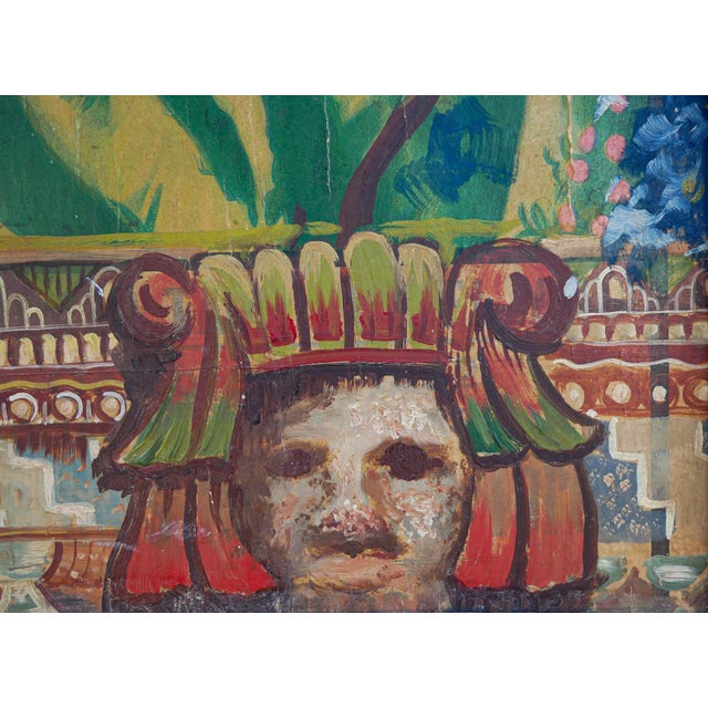 Blue, green, and red abstract figurative mixed media painting by an unknown artist. This piece is a manipulated poster of...