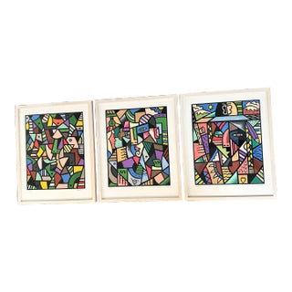 Triptych Set of Three Postmodern Cubist Prints, Signed For Sale
