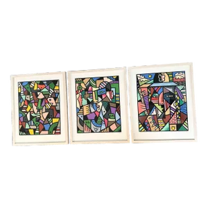 Triptych Set of Three Postmodern Cubist Prints, Signed