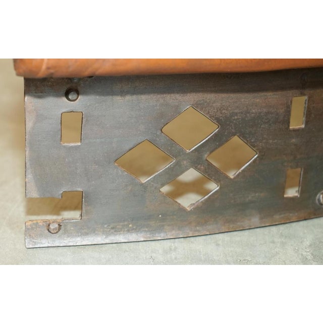 Antique Victorian Demi Lune Brown Leather Club Fender with Pierced Metal, 1880s For Sale - Image 13 of 18