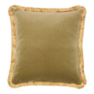 Moss Green Velvet Double-Sided Cushion With Gold Fringe With Feather Filler - 48x48cm (19"x19") For Sale