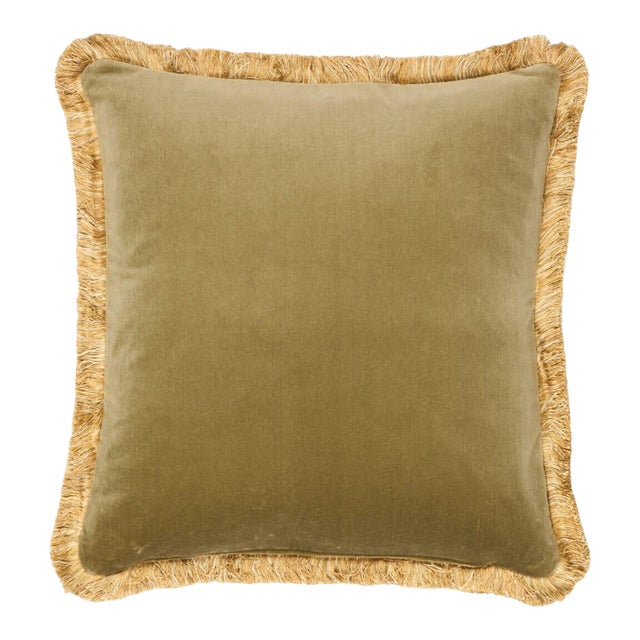 Moss Green Velvet Double-Sided Cushion With Gold Fringe With Feather Filler - 48x48cm (19"x19") For Sale