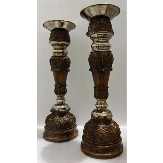 Art Nouveau Late 20th Century Ornate Maitland-Smith Hand-Carved Candle Holders ~ Set of 3 For Sale - Image 3 of 10