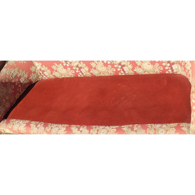 Lovely antique 1930s French carved small sofa or set tea. Features a pattern velvet like fabric carved walnut French frame...