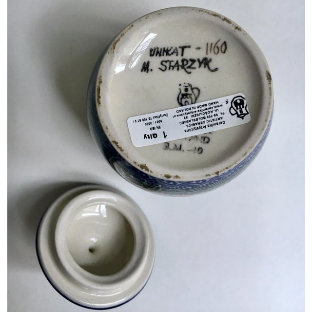 Vintage Maria Starzyk Hand Painted Bue "Pansy" Pottery Lidded Jar For Sale - Image 10 of 12