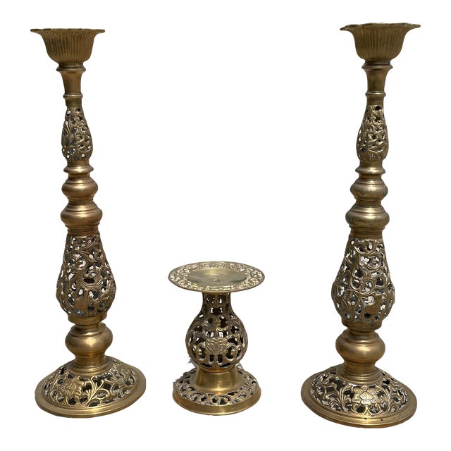 Large Pierced Floral Detailed Brass Candle Holders - Set of 3 For Sale