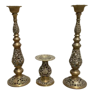 Large Pierced Floral Detailed Brass Candle Holders - Set of 3