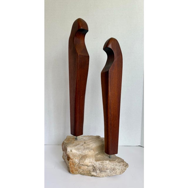 Wood Signed Modernist Abstract Wood Figures Sculpture on Stone Base For Sale - Image 7 of 10