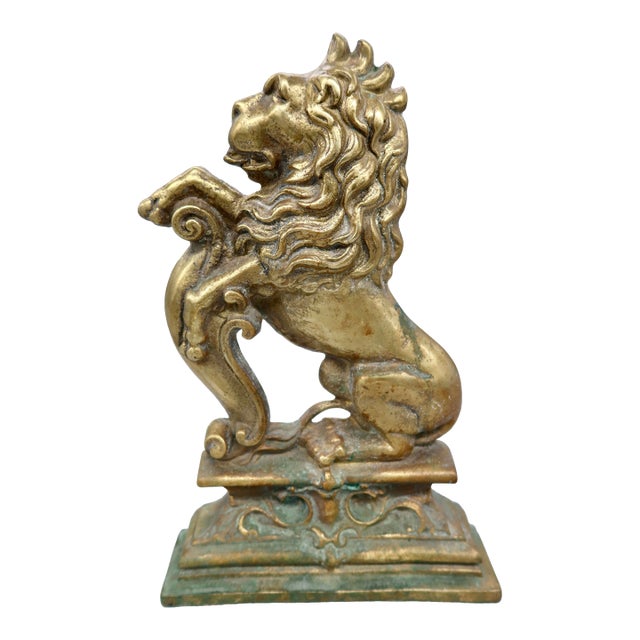 Large Antique Brass Rampant Lion Andiron Finial, Heraldic Fireplace Ornament For Sale