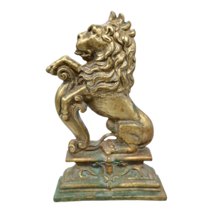 Large Antique Brass Rampant Lion Door Stopper, Andiron Finial, Heraldic Fireplace Ornament