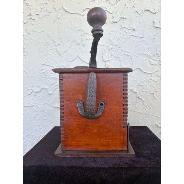 Antique Primitive Wooden Box Coffee Grinder With Iron Crank For Sale - Image 4 of 11
