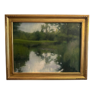 Oil Painting of New England Landscape Showing a Stream in a Forest With a 2-5/8" Wide Gold Frame. Painted by Curtis Hanson Between 1949-2017.