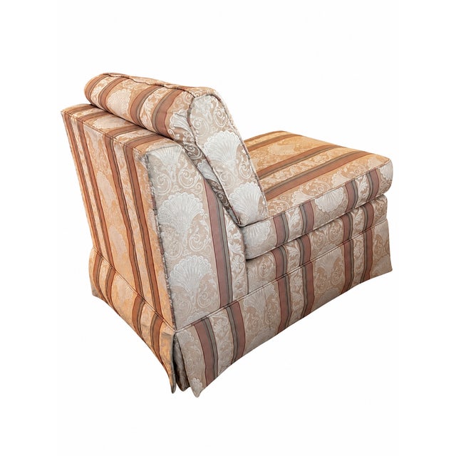 French Country 1990s Ethan Allen Rose & Cream Striped Damask-Style Skirted Slipper Chair For Sale - Image 3 of 15