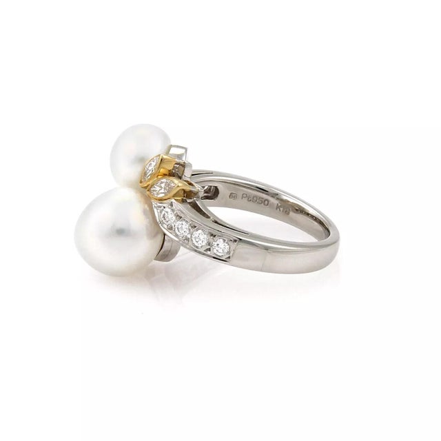 Contemporary Mikimoto Diamond Akoya Pearls Platinum 18k Yellow Gold Bypass Ring, Size 5 For Sale - Image 3 of 5