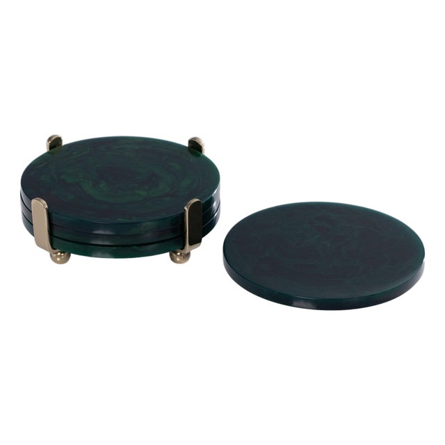 Spiga 4-Piece Set Green Coasters on Gold Stand For Sale