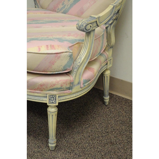 Vintage French Louis XVI Pink Blue Carved Bergere Boudoir Lounge Arm Chair For Sale In Philadelphia - Image 6 of 12