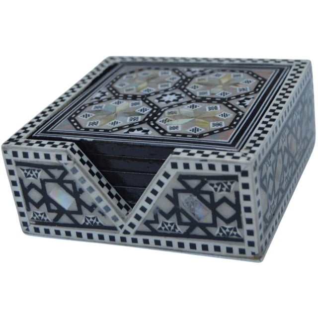Mother-Of-Pearl Inlaid Coaster Set With Box - 7 Pieces For Sale - Image 10 of 11