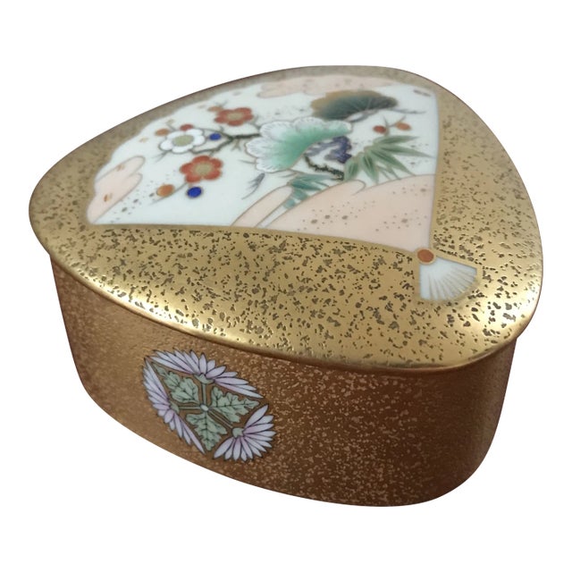 Vintage Gold Lusterware Porcelain Fan Box From Japan For Sale