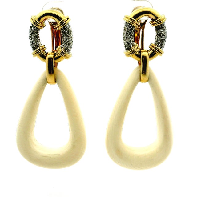 1970s Italian Modernist 18k Gold Diamond and Sculpted Natural Bone Drop Earrings, A Pair For Sale - Image 10 of 13