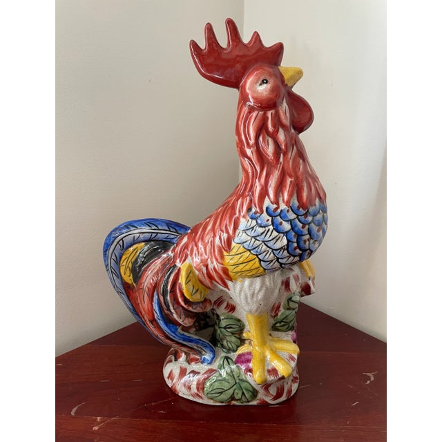 French Country Vintage French Hand Painted Ceramic Majolica Rooster Figurine 15" For Sale - Image 3 of 8
