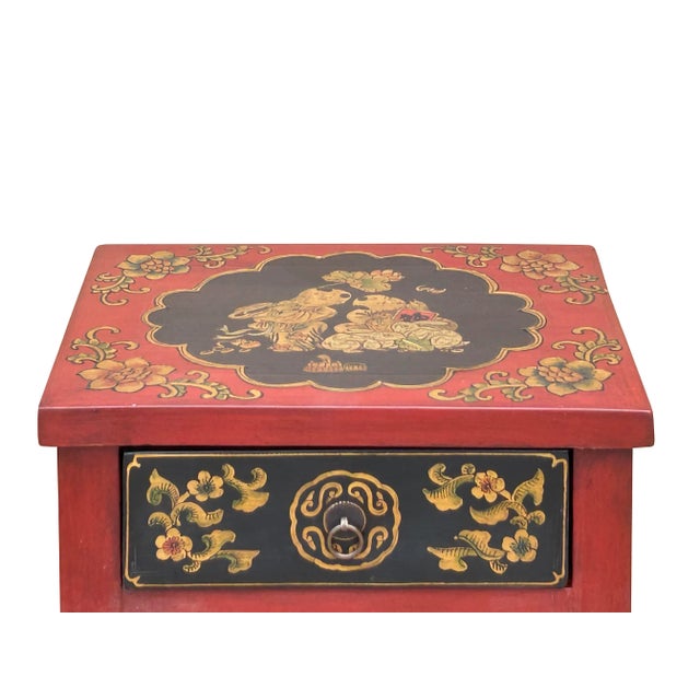 Oriental Red Black Doors Golden Flowers Graphic End Table Nightstand For Sale In San Francisco - Image 6 of 9