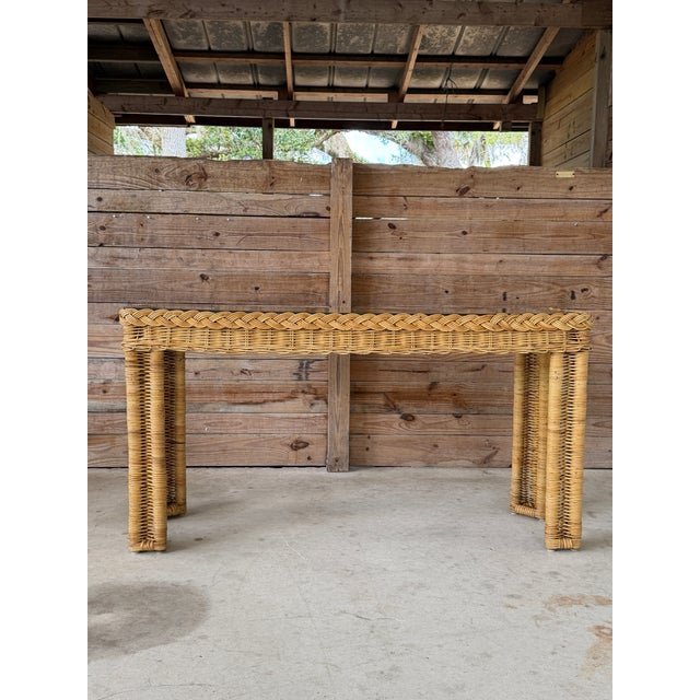 Vintage Handwoven Braided Rattan Console Table Glass Insert For Sale - Image 11 of 12