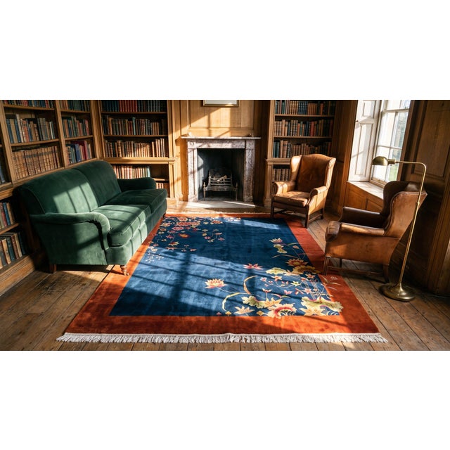 1920s Navy Blue Floral Antique Chinese Art Deco Carpet 9' X 11'2" Knotetd Wool Rug For Sale - Image 10 of 12