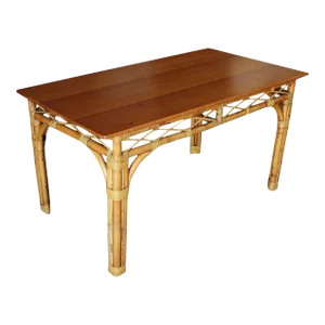 1950s Restored 6 Person Rattan & Mahogany Dining Table