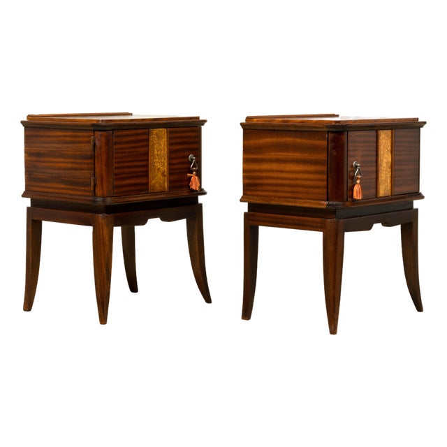 Pair of French Art Deco Mahogany and Burl Wood Nightstands, 1930s For Sale
