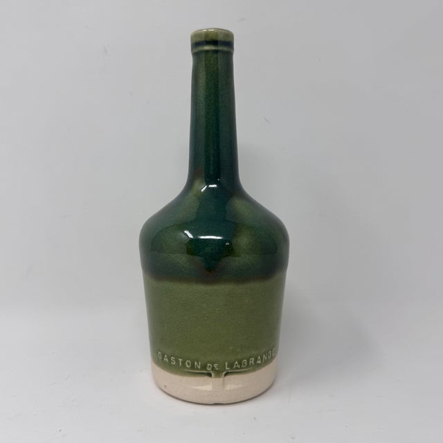 Ceramic Vintage French Gaston De Lagrange Cognac Ceramic Bottle Green Glaze For Sale - Image 7 of 10