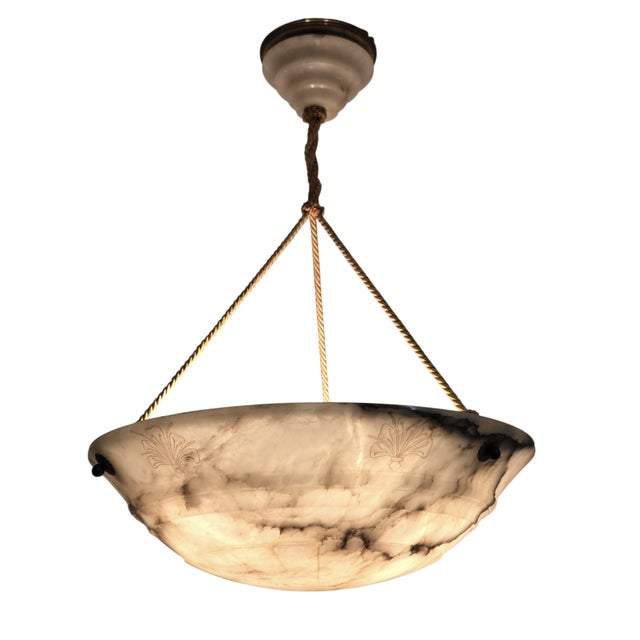 Early 20th Century Hand Carved French White+ Grey Alabaster W/Carved Detail, Alabaster Canopy +Cord For Sale - Image 15 of 16
