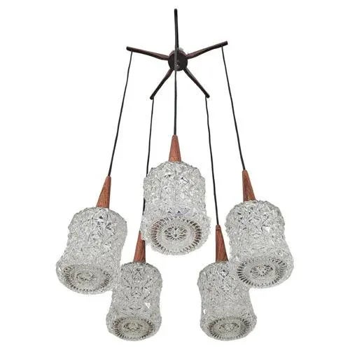 Gold Mid-Century Modern Teak, Rosewood and Crystal Spider or Cascade Chandelier, 1960s For Sale - Image 8 of 8