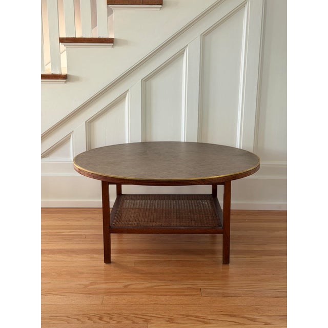 Paul McCobb 1950s Mid Century Modern Paul McCobb Walnut Wood & Cane Round Coffee Table For Sale - Image 4 of 14