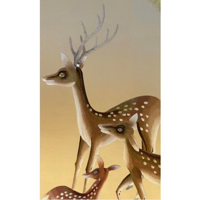 Antique Japanese Meiji Two-Panel Embroidered Silk Screen W/ Deer & Pine, C. 1880 For Sale - Image 13 of 18