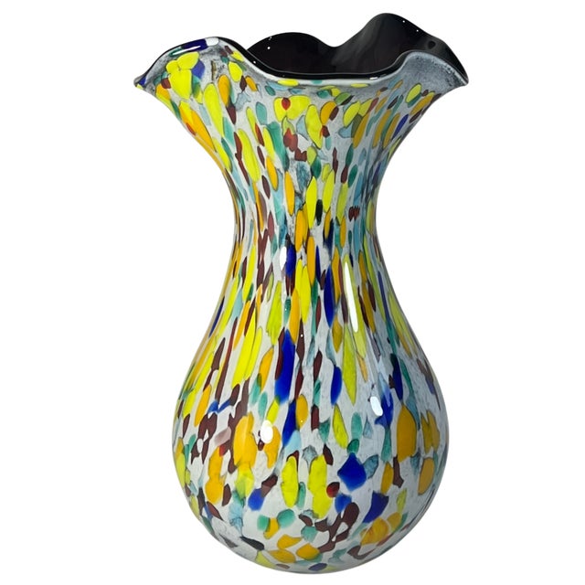 15+ In. Tall Bulbous Multicolor Ruffled Art Glass Confetti Multicolor Vase For Sale - Image 12 of 18
