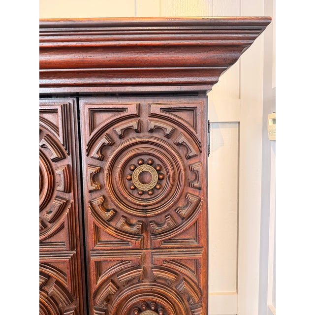 Brown Mid-Century Carved Wood Bar Cabinet With Smoky Glass Interior For Sale - Image 8 of 12