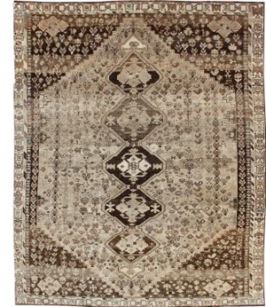 Antique Persian Shiraz Rug With Medallions and Tribal Motifs in Soft Brown