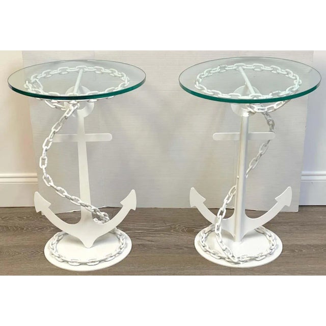 Pair of Post WWII modern wrought iron anchor & chain yacht side tables USA, Post WWII Provenance: Palm Beach Estate Each...