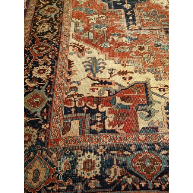 Antique Persian Heriz Serapi Rug, Hand-Knotted Wool, Geometric Medallion Pattern, Ivory & Rust-Red, 10x12 For Sale - Image 4 of 11