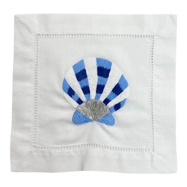 Scallop Cocktail Napkins in White Cotton With Hem Stitch, Embroidered - Set of 4 For Sale