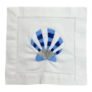 Scallop Cocktail Napkins in White Cotton With Hem Stitch, Embroidered - Set of 4