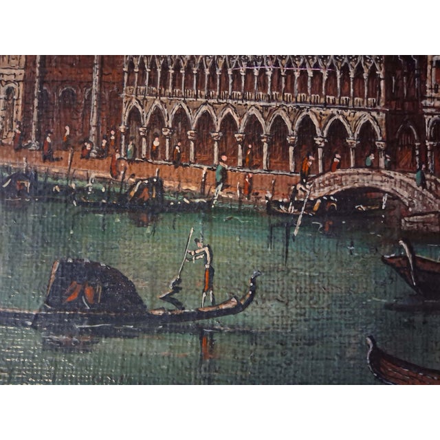 A captivating mid-century oil painting on canvas depicting a romantic and atmospheric Venetian waterscape. The composition...