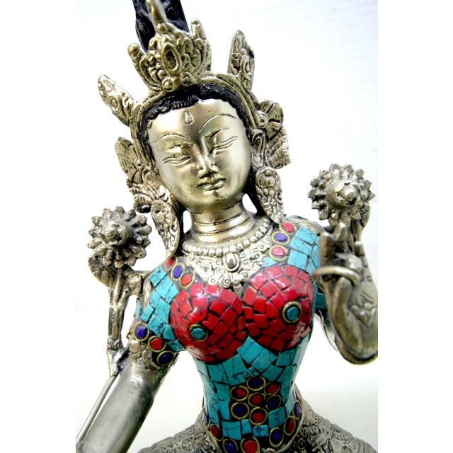 Mid-Century Tibetan-Style Inlaid Brass Green Tara Statue – 11" H For Sale - Image 17 of 18