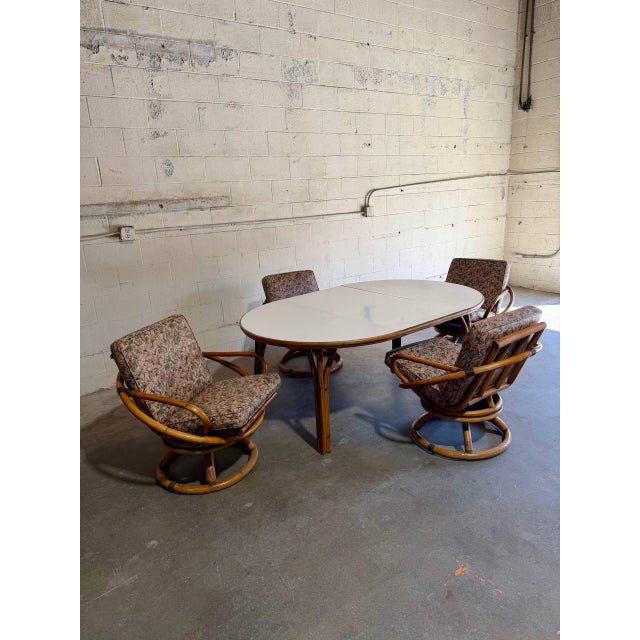 1970s Outdoor Rattan Dining Set With Extension Round Table and 4 Swivel Chairs Mid-Century Modern 1970s For Sale - Image 5 of 12