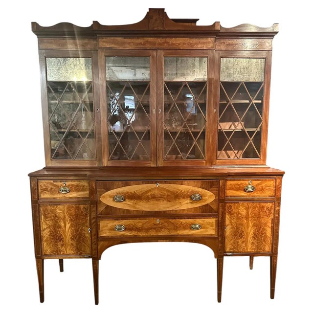 American Federal Style Birch and Birch Veneered Breakfront Bookcase with Secretary Interior. Exquisitely chosen...
