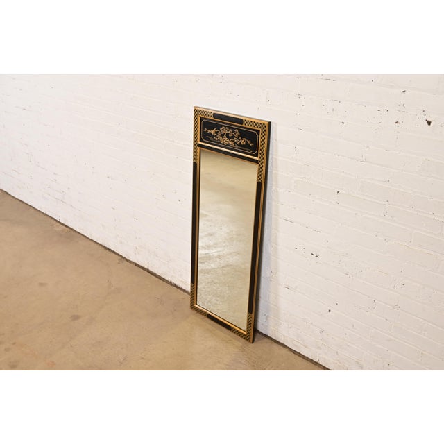 Chinoiserie Drexel Heritage Hollywood Regency Chinoiserie Hand-Painted Black Lacquered Tall Wall Mirror For Sale - Image 3 of 10